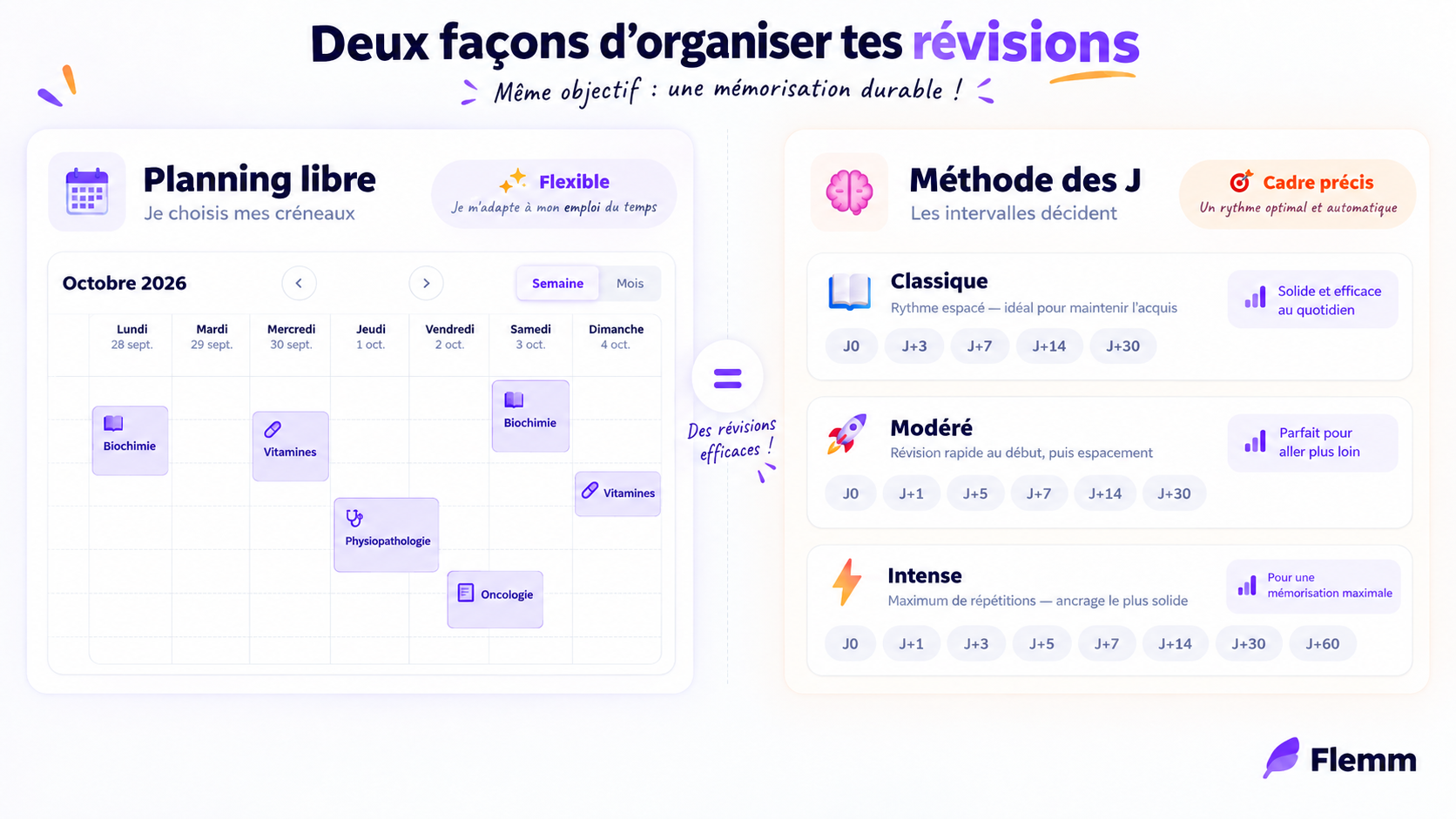 les deux planning en suivant la méthode des J ou la planification libre